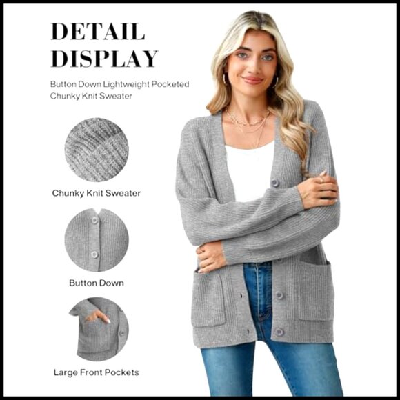 Chunky Knit Cardigan Sweater Women's V-Neck Button Up with Pockets - Picture 5 of 7